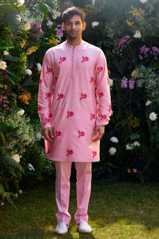 kurta for men – Contemporary Wear – Prism Pink Block Print – by Shyam Narayan Prasad