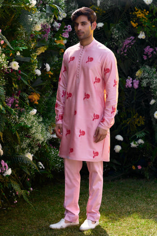 kurta for men – Contemporary Wear – Prism Pink Block Print – by Shyam Narayan Prasad