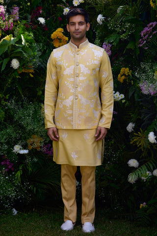 embroidered kurta set – Indian Wedding – Lemon Drop Yellow Waistcoat Set – by Shyam Narayan Prasad