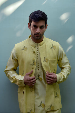 kurta set – Indian Wedding – Canary Yellow Quilted Waistcoat Set – by Shyam Narayan Prasad