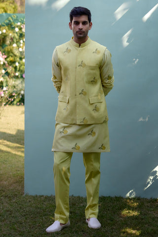 kurta set – Indian Wedding – Canary Yellow Quilted Waistcoat Set – by Shyam Narayan Prasad