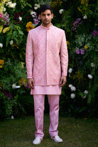 Bandhgala set – Indian Wedding – coral pink embroidered kurta trouser by Shyam Narayan Prasad