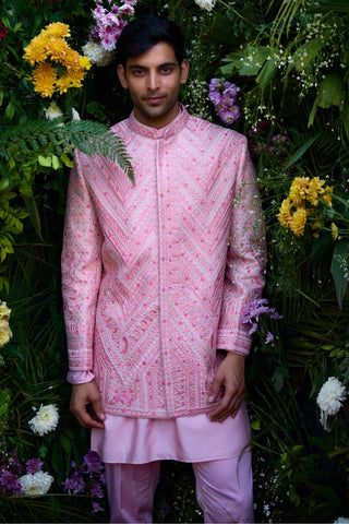 Bandhgala set – Indian Wedding – coral pink embroidered kurta trouser by Shyam Narayan Prasad