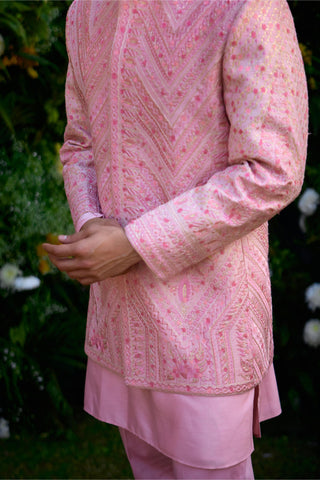 Bandhgala set – Indian Wedding – coral pink embroidered kurta trouser by Shyam Narayan Prasad