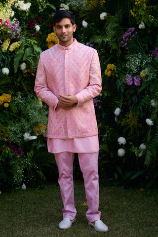 Bandhgala set – Indian Wedding – coral pink embroidered kurta trouser by Shyam Narayan Prasad