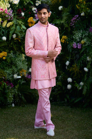 Bandhgala set – Indian Wedding – coral pink embroidered kurta trouser by Shyam Narayan Prasad