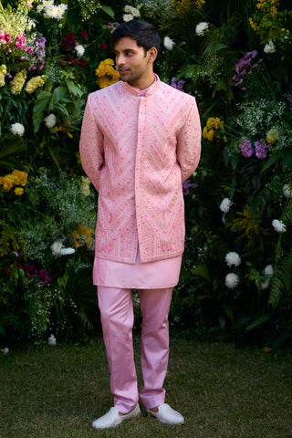 Bandhgala set – Indian Wedding – coral pink embroidered kurta trouser by Shyam Narayan Prasad