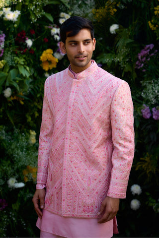 Bandhgala set – Indian Wedding – coral pink embroidered kurta trouser by Shyam Narayan Prasad