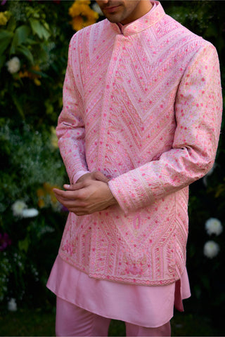 Bandhgala set – Indian Wedding – coral pink embroidered kurta trouser by Shyam Narayan Prasad