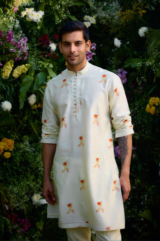 kurta for men – Contemporary Wear – Winter White Block Print – by Shyam Narayan Prasad