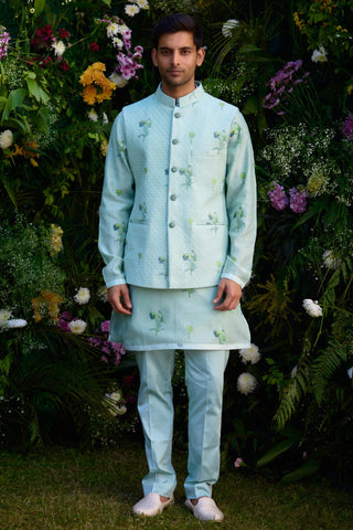 kurta set – Indian Wedding – Aqua Blue Quilted Waistcoat Set – by Shyam Narayan Prasad