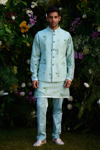kurta set – Indian Wedding – Aqua Blue Quilted Waistcoat Set – by Shyam Narayan Prasad