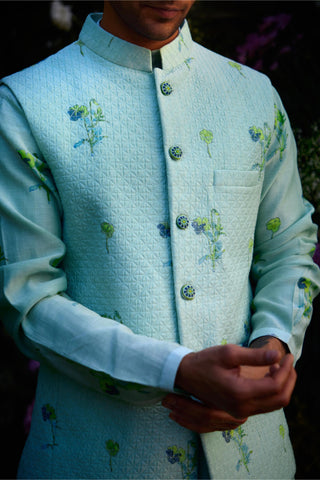 kurta set – Indian Wedding – Aqua Blue Quilted Waistcoat Set – by Shyam Narayan Prasad