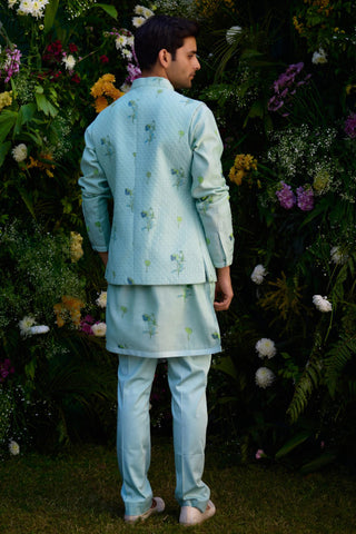 kurta set – Indian Wedding – Aqua Blue Quilted Waistcoat Set – by Shyam Narayan Prasad