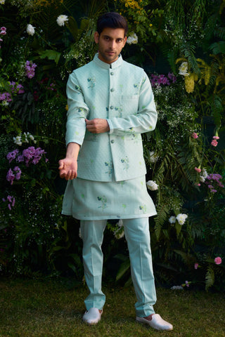 kurta set – Indian Wedding – Aqua Blue Quilted Waistcoat Set – by Shyam Narayan Prasad
