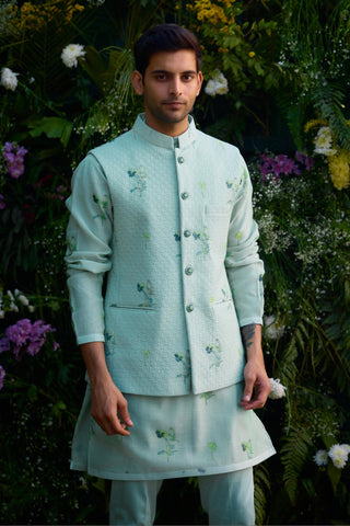 kurta set – Indian Wedding – Aqua Blue Quilted Waistcoat Set – by Shyam Narayan Prasad