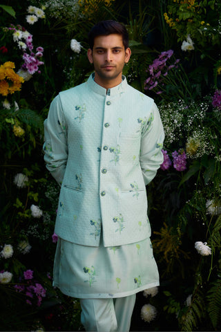 kurta set – Indian Wedding – Aqua Blue Quilted Waistcoat Set – by Shyam Narayan Prasad