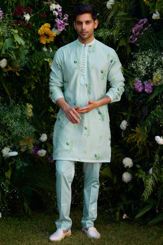 kurta for men – Contemporary Wear – Aqua Blue Block Print – by Shyam Narayan Prasad
