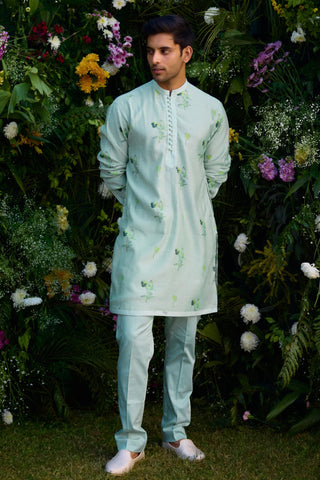 kurta for men – Contemporary Wear – Aqua Blue Block Print – by Shyam Narayan Prasad