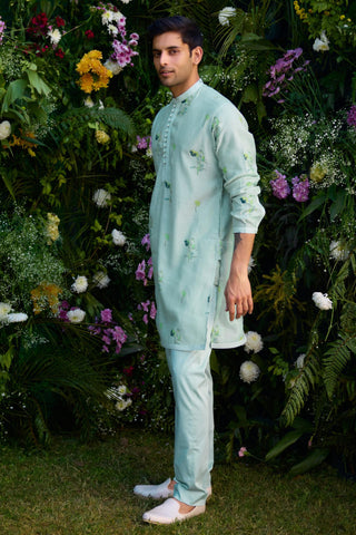 kurta for men – Contemporary Wear – Aqua Blue Block Print – by Shyam Narayan Prasad