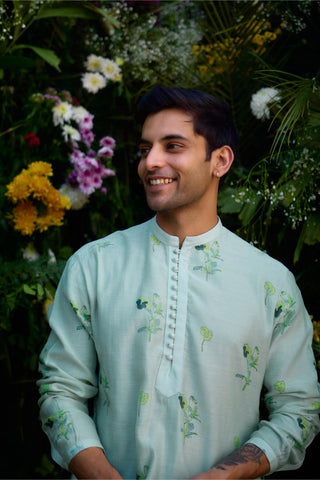 kurta for men – Contemporary Wear – Aqua Blue Block Print – by Shyam Narayan Prasad