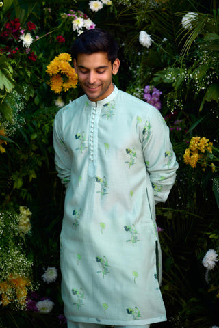 kurta for men – Contemporary Wear – Aqua Blue Block Print – by Shyam Narayan Prasad