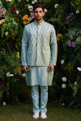 kurta set – Indian Wedding – Smoke Green Gota Quilted Waistcoat Set – by Shyam Narayan Prasad