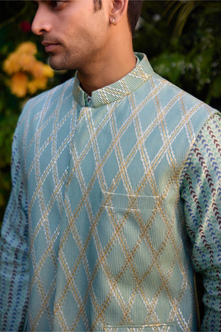 kurta set – Indian Wedding – Smoke Green Gota Quilted Waistcoat Set – by Shyam Narayan Prasad