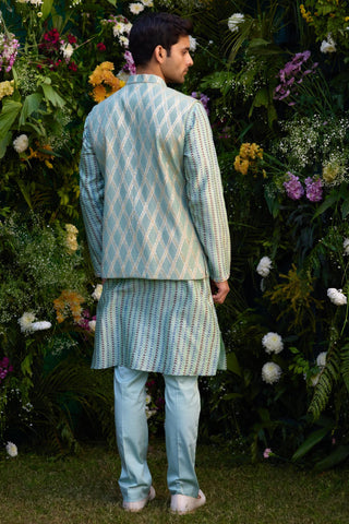 kurta set – Indian Wedding – Smoke Green Gota Quilted Waistcoat Set – by Shyam Narayan Prasad