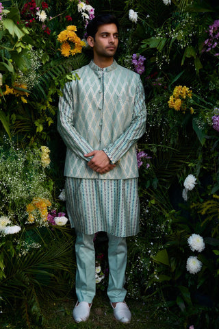 kurta set – Indian Wedding – Smoke Green Gota Quilted Waistcoat Set – by Shyam Narayan Prasad