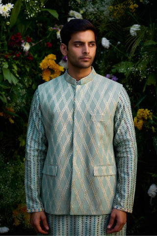 kurta set – Indian Wedding – Smoke Green Gota Quilted Waistcoat Set – by Shyam Narayan Prasad
