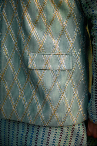 kurta set – Indian Wedding – Smoke Green Gota Quilted Waistcoat Set – by Shyam Narayan Prasad