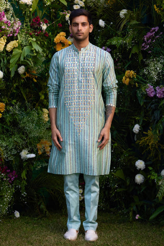 kurta for men – Contemporary Wear – Smoke Green Lurex Embroidered Set – by Shyam Narayan Prasad