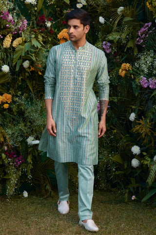kurta for men – Contemporary Wear – Smoke Green Lurex Embroidered Set – by Shyam Narayan Prasad