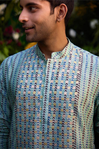kurta for men – Contemporary Wear – Smoke Green Lurex Embroidered Set – by Shyam Narayan Prasad