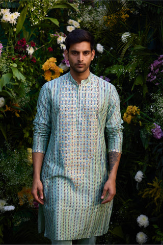 kurta for men – Contemporary Wear – Smoke Green Lurex Embroidered Set – by Shyam Narayan Prasad