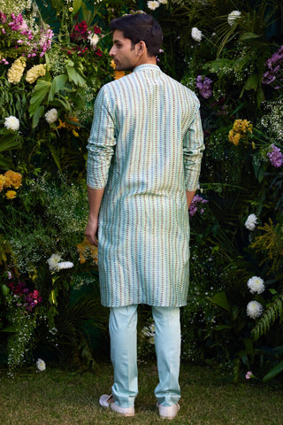 kurta for men – Contemporary Wear – Smoke Green Lurex Embroidered Set – by Shyam Narayan Prasad