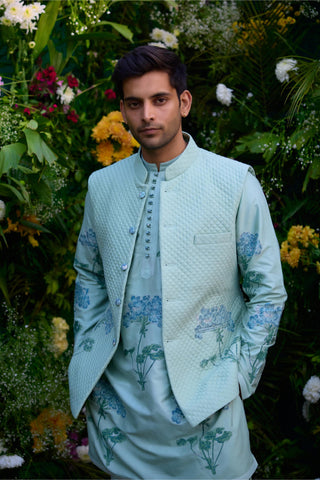 kurta set – Indian Wedding – Illusion Blue Quilted Waistcoat Set – by Shyam Narayan Prasad