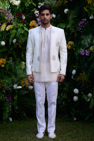 kurta set – Indian Wedding – Pristine White Zari Embroidered Jacket Set – by Shyam Narayan Prasad