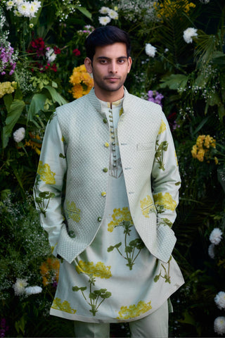 kurta set – Indian Wedding – Mist Green Quilted Waistcoat Set – by Shyam Narayan Prasad