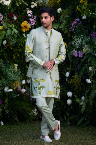 kurta set – Indian Wedding – Mist Green Quilted Waistcoat Set – by Shyam Narayan Prasad