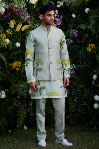 kurta set – Indian Wedding – Mist Green Quilted Waistcoat Set – by Shyam Narayan Prasad