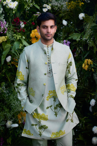 kurta set – Indian Wedding – Mist Green Quilted Waistcoat Set – by Shyam Narayan Prasad