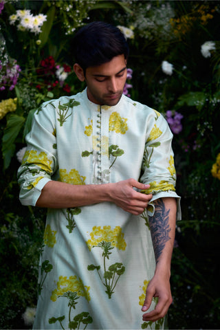 kurta for men – Contemporary Wear – Mist Green Block Print – by Shyam Narayan Prasad