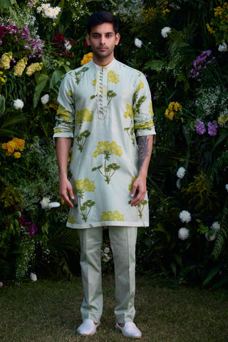 kurta for men – Contemporary Wear – Mist Green Block Print – by Shyam Narayan Prasad