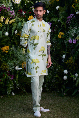 kurta for men – Contemporary Wear – Mist Green Block Print – by Shyam Narayan Prasad