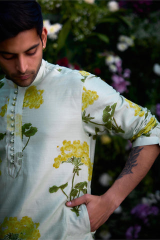 kurta for men – Contemporary Wear – Mist Green Block Print – by Shyam Narayan Prasad