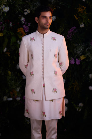 kurta set – Indian Wedding – Papyrus White Quilted Jacket Set – by Shyam Narayan Prasad