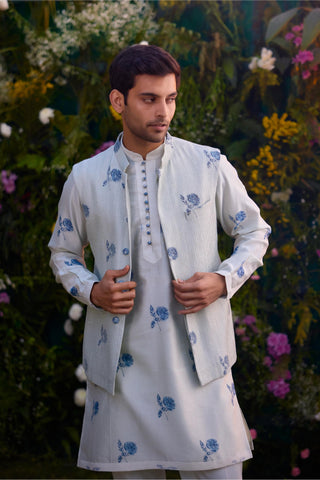 kurta set – Indian Wedding – Illusion Blue Dori Quilted Waistcoat Set – by Shyam Narayan Prasad