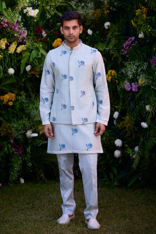 kurta set – Indian Wedding – Illusion Blue Dori Quilted Waistcoat Set – by Shyam Narayan Prasad
